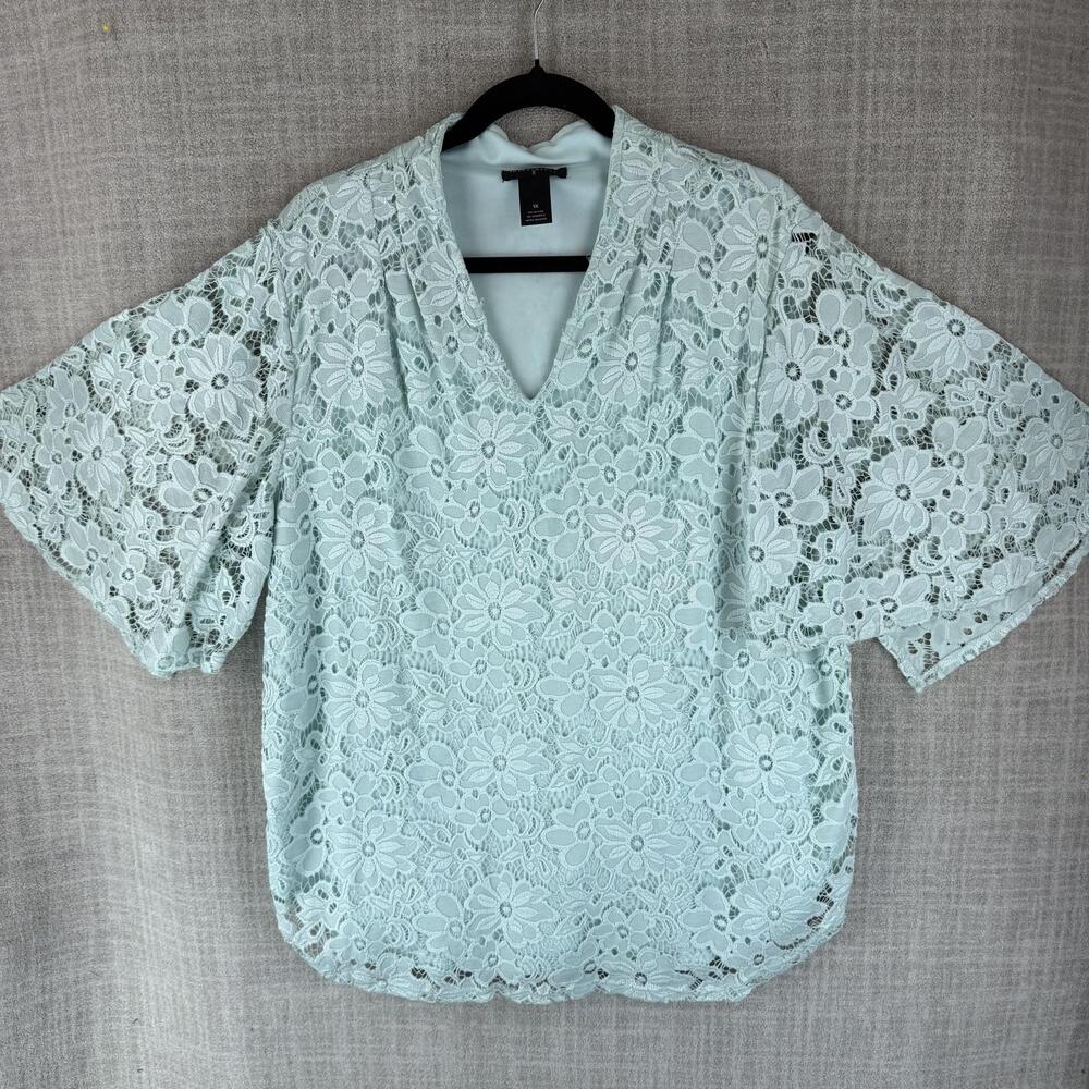 Investments Blouse Womens 1X Green Kimono Lace Lined Pullover Floral Stretch